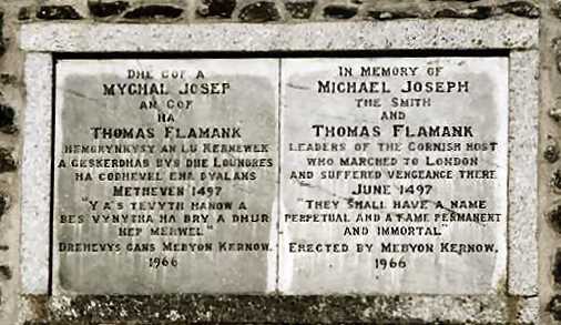 Plaque on wall of St Keverne church Mychal Josef - An Gof - The Smith
